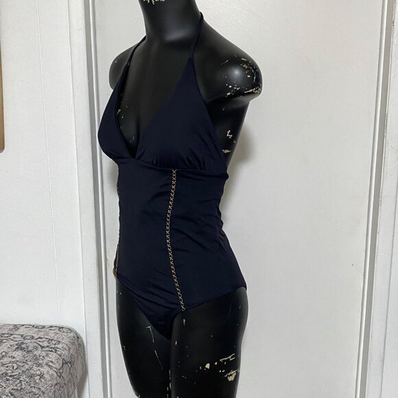 L SPACE LILA PLUNGE STRAPPY BACK HALTER ONE PIECE SWIMSUIT BLACK SIZE 10 - Picture 4 of 6